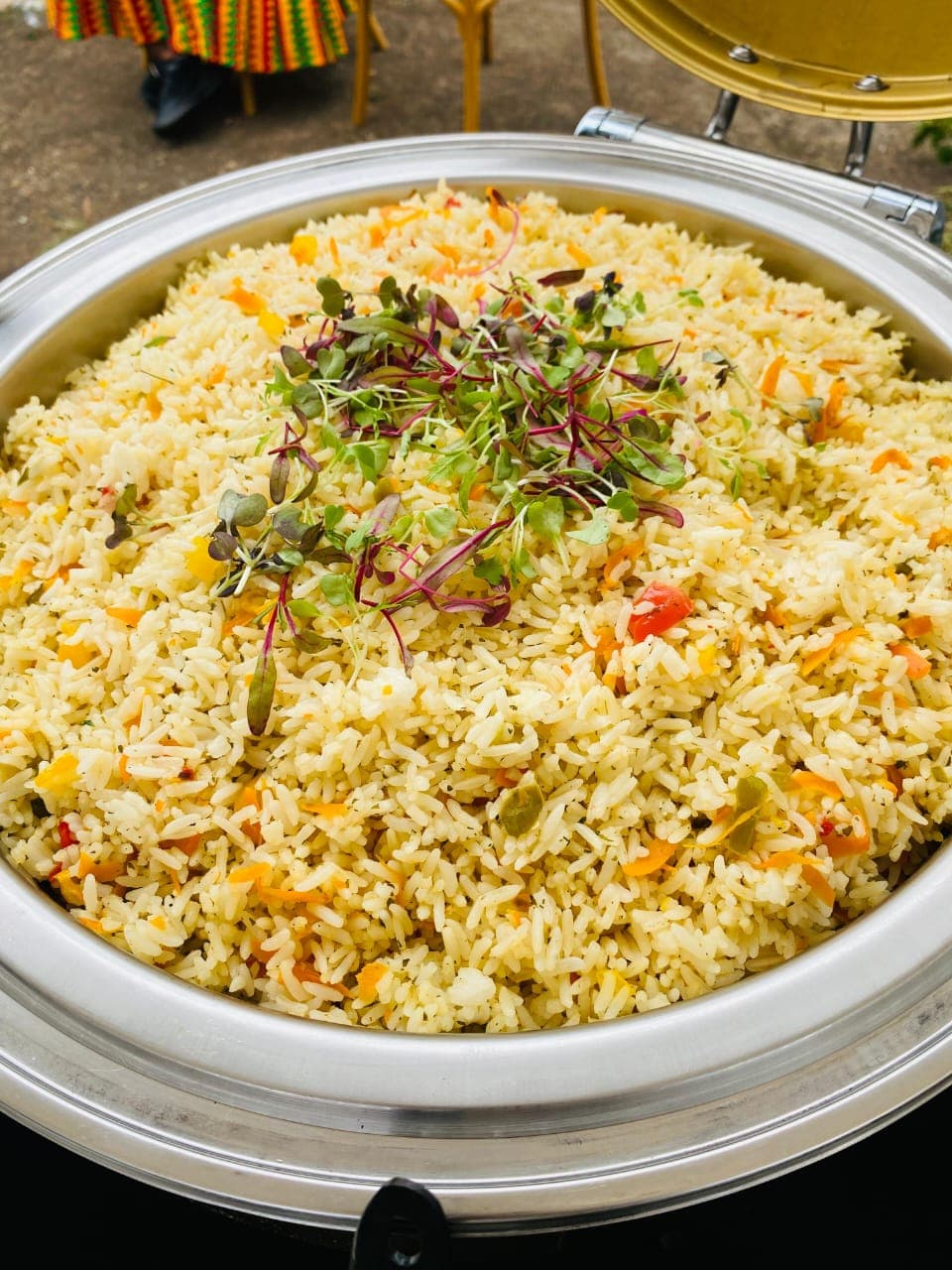 Vegetable rice garnished with microgreens