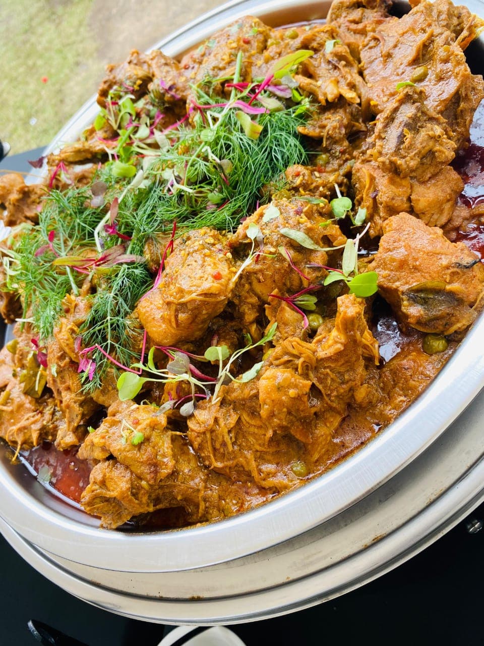 Slow-cooked stew garnished with dill and microgreens